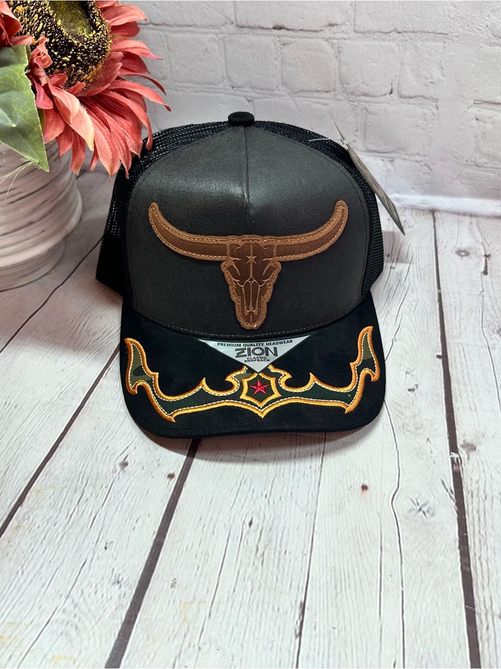 NWT Zion Black Trucker Hat Bull Skull Patch western Embroidery rustic cowboy